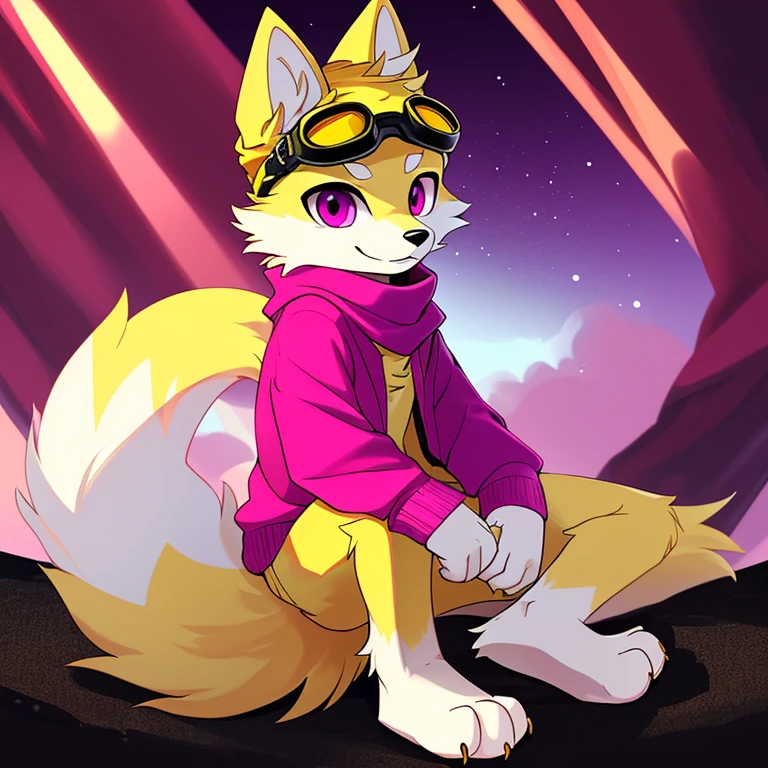 (A character), (Fox with yellow fur and white chest), (under the snout is white), (yellow fur), (tip of the tail white), (wears a magenta sweater), (light blue scarf), ( yellow cap with orange visor), (orange visot), (magenta eyes), (slender and fit body), (appears apparently thin but strong), (relaxed expression), (male), (medium height), (solitary), (solo), (white eyebrows), (yellow legs), (yellow hat), (golden fur), (golden yellow fur), (small dark yellow claws), (4 toes on his paws), (magenta eyes), fluffy, (fluffy fur), goggles, (black glass goggles)