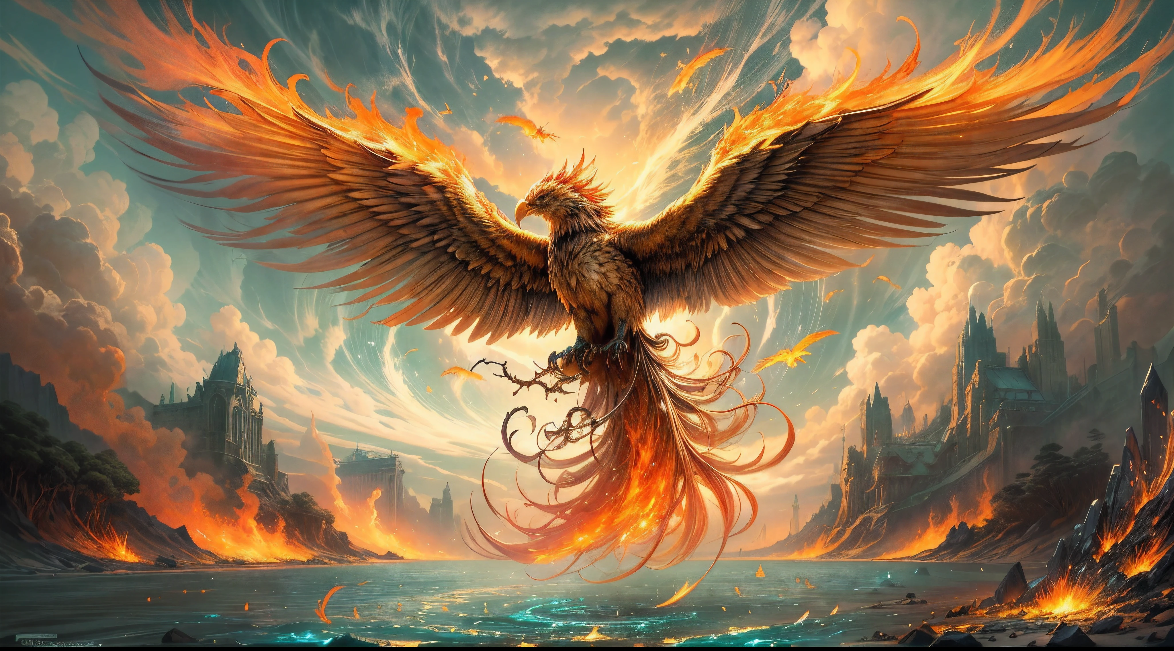 A phoenix with feathers ablaze soars through desolate darkness, trailing smoldering cinders. Tangled within molten plumage are remnants of broken chains, scripts of limiting beliefs, ashes of an outgrown identity.

It circles through storm clouds with eyes closed, wrestling turbulence within its mind, shedding memories that try to define its imposed limits. Talons tightly clutch an hourglass frozen mid-spill. Wings stretched outward reach for unseen currents to direct its uncertain flight.

Piercing cries echoing from its metallic beak call out for clarifying guidance while navigating the mystifying psychic terrain. Till finally, ascendant rays part the boiling mists to reveal an oasis of emerald palms and healing crystalline waters awaiting below.

There the fiery bird alights at long last, dissolving completely into the reflecting pool that held visions of its truest self now awakened. Emerging rippling outward, the phoenix rebirths anew from once simmering waters - gleaming bold and gold, crowned by sparks it manifested from friction of its long turbulent quest inward.

So in regal resplendence it takes back to limitless skies on majestic outstretched wings, fearless and unchained, boldly burning trails toward horizons of liberated destiny. Behind it unfolds in radiance the illuminated map it forged, a blazing skyward stairway for kindred spirits to find and claim their sovereign way home.