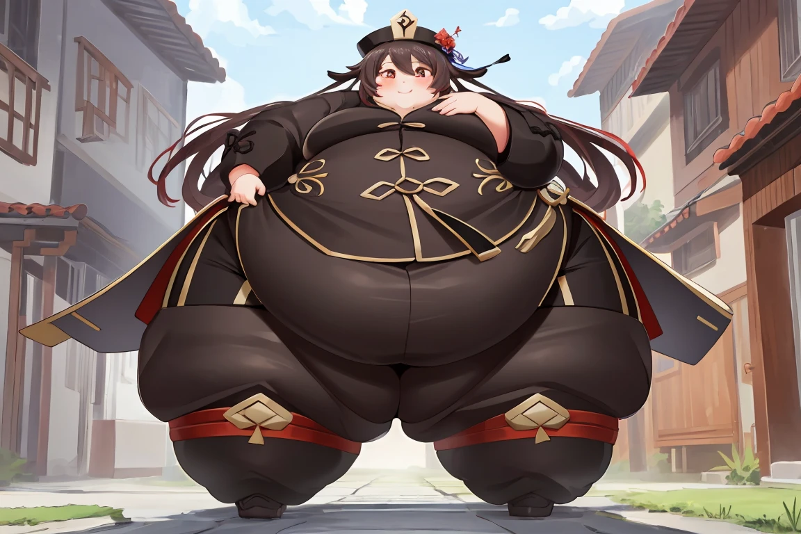 extremely detailed CG, high resolution, best quality, masterpiece, immobile body, obesity, (bishoujo:1.3), (game cg), immobile hutaodef, red eyes, smile, chinese medieval city,  big obese belly, big immobile thick thighs, big obese arms, big chunky cheeks, obese large neck, small chests