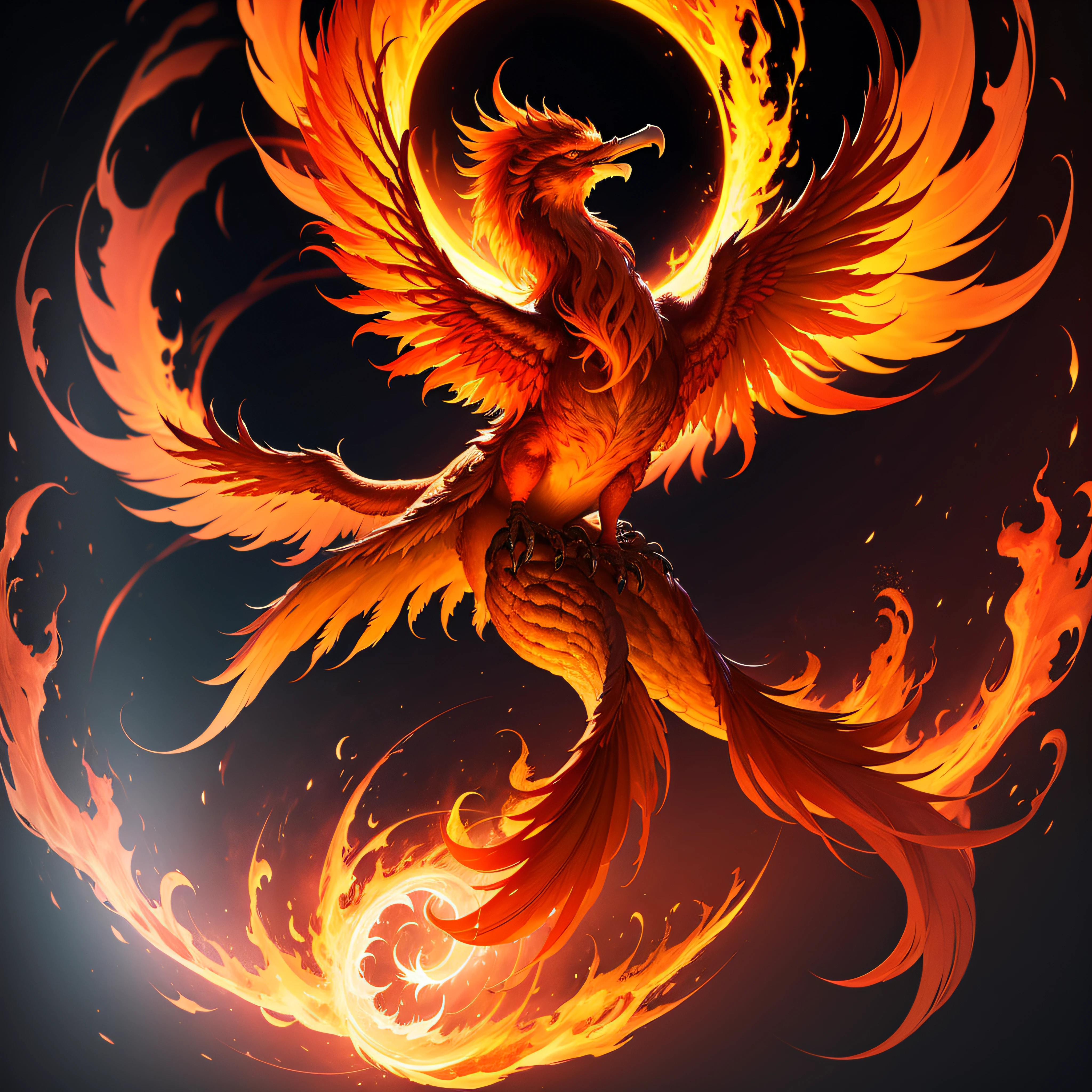 A Flaming Phoenix in the ilustration style with a ring of fire behind