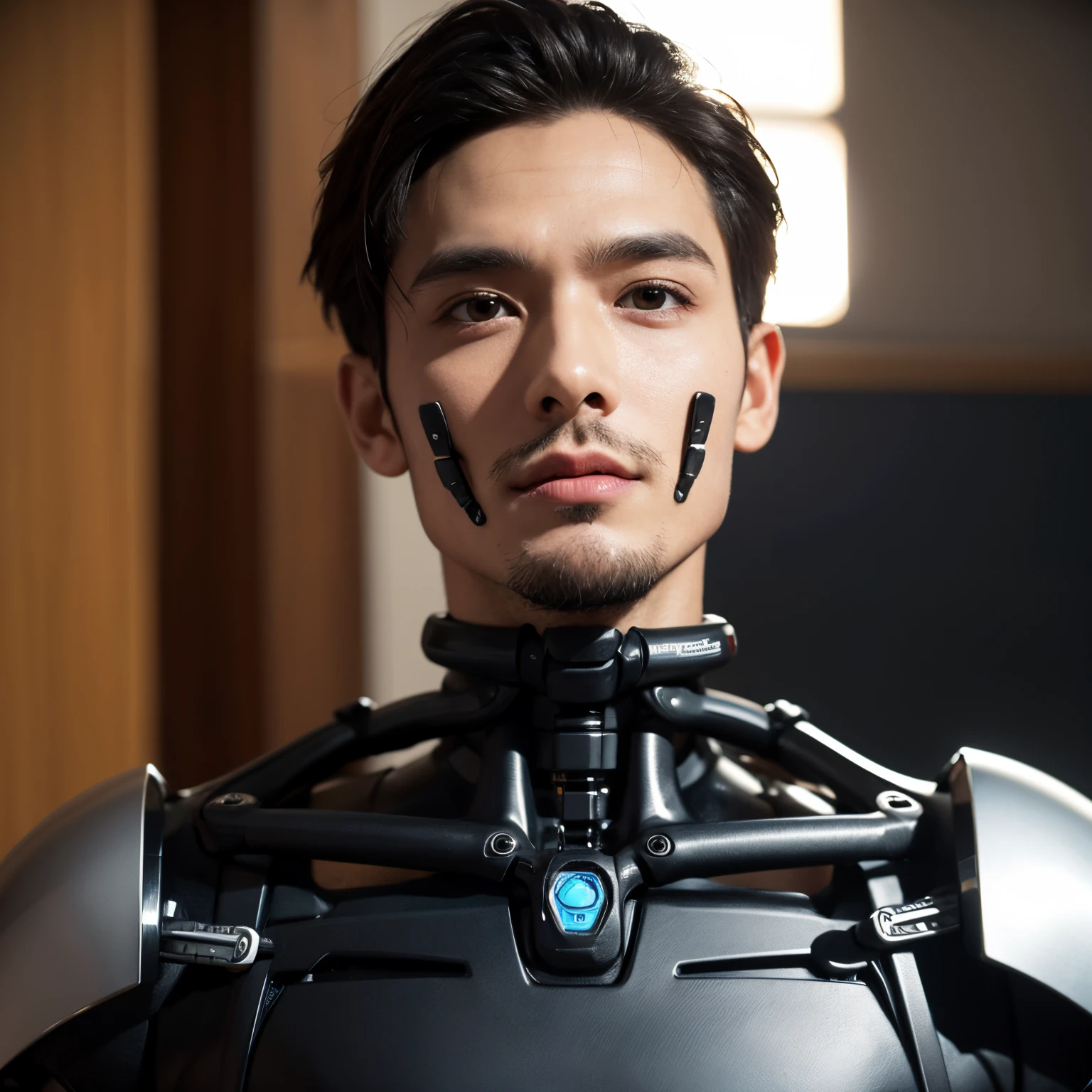 a robot，male people，Very handsome，face for human，The body  a mechanical skeleton，robust