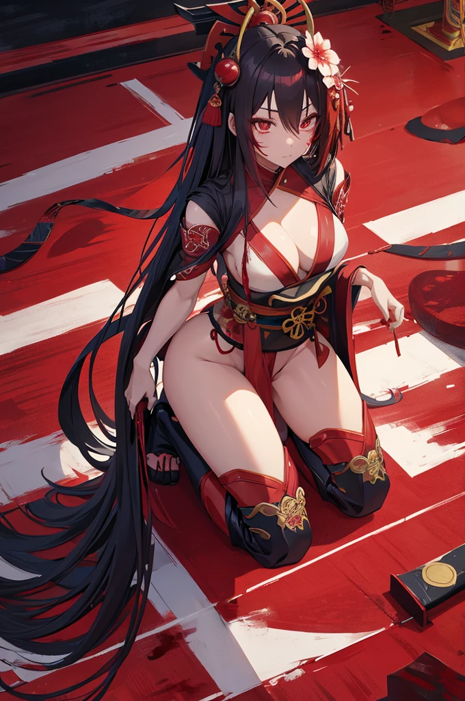 Anime style, ninja girl , Oiran style hair.
face mask, sexually alluring, covered in blood, blood on face, blood on body, gore.
extremely long katana, sexy pose. wounded,
Lot of bondages
Kneeling, submissive, obedient
Background is a Japanese style garden.