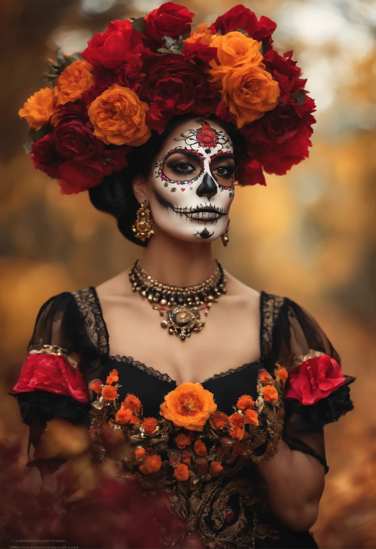 hermosos ojos detallados,hermosos labios detallados,cabello negro rizado (colores vibrantes:1.1),(vestido con estampado floral:0.9),(Mexican-themed accessories:0.9),flores coloridas en el cabello,elaborado maquillaje de Catrina,pintura facial tradicional de Calavera,Skeletal facial features,Sadistic expression,tocado adornado con flores de muerto brillantes en el fondo,Traditional festive atmosphere, Halloween, Day of the Dead,Escena alegre y vibrante,Medio:Oils and acrylics,(La mejor calidad,4k,8k,Altas Resoluciones,Obra maestra:1.2),Ultra detallado,(realista,fotorrealista,fotorrealista:1.37),Bright and warm color palette,Magical Lighting with Soft Illumination, Warm glow,HDR,foco nítido,physically based representation,extreme detail description,profesional