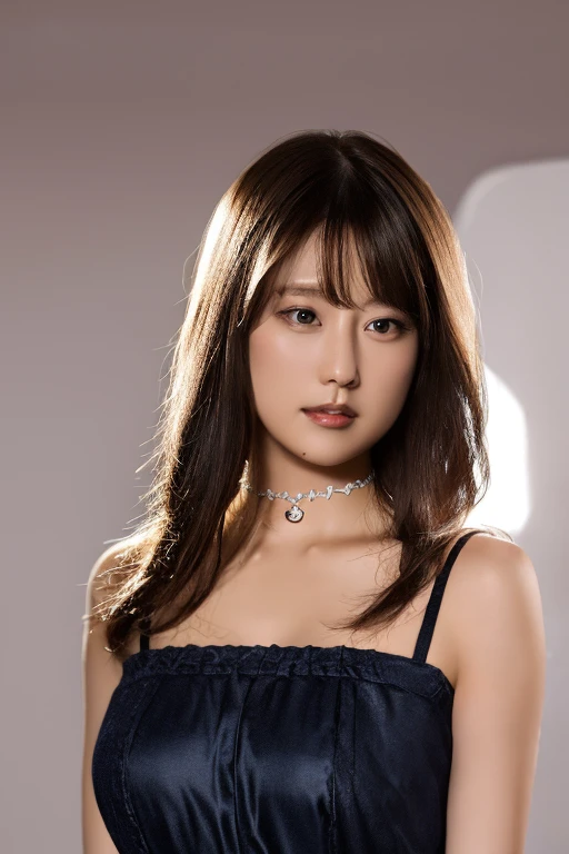 Best quality at best, tmasterpiece, A high resolution, 1个Giant Breast Girl, Porcelain dress, hair adornments, choker necklace, jewely, pretty face, upon body, dingdall effect, actual, dark studio, edge lit, Two-tone lighting, (highdetailskin: 1.2), 8k ultra high definition, SLR camera, softlighting, high qulity, volumettic light, Frankness, photore, A high resolution, 4K, 8K, The background blurred out,