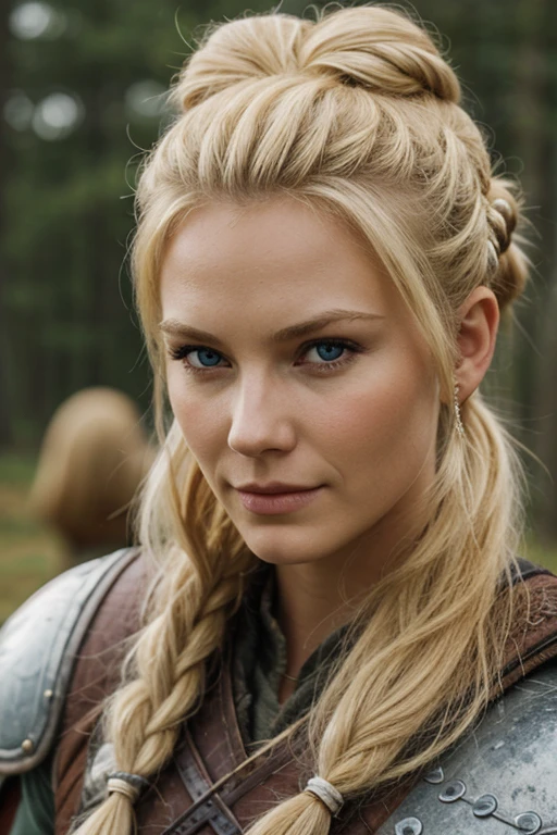 an eye contact of a blond with bun hair and viking theme, hyper realistic