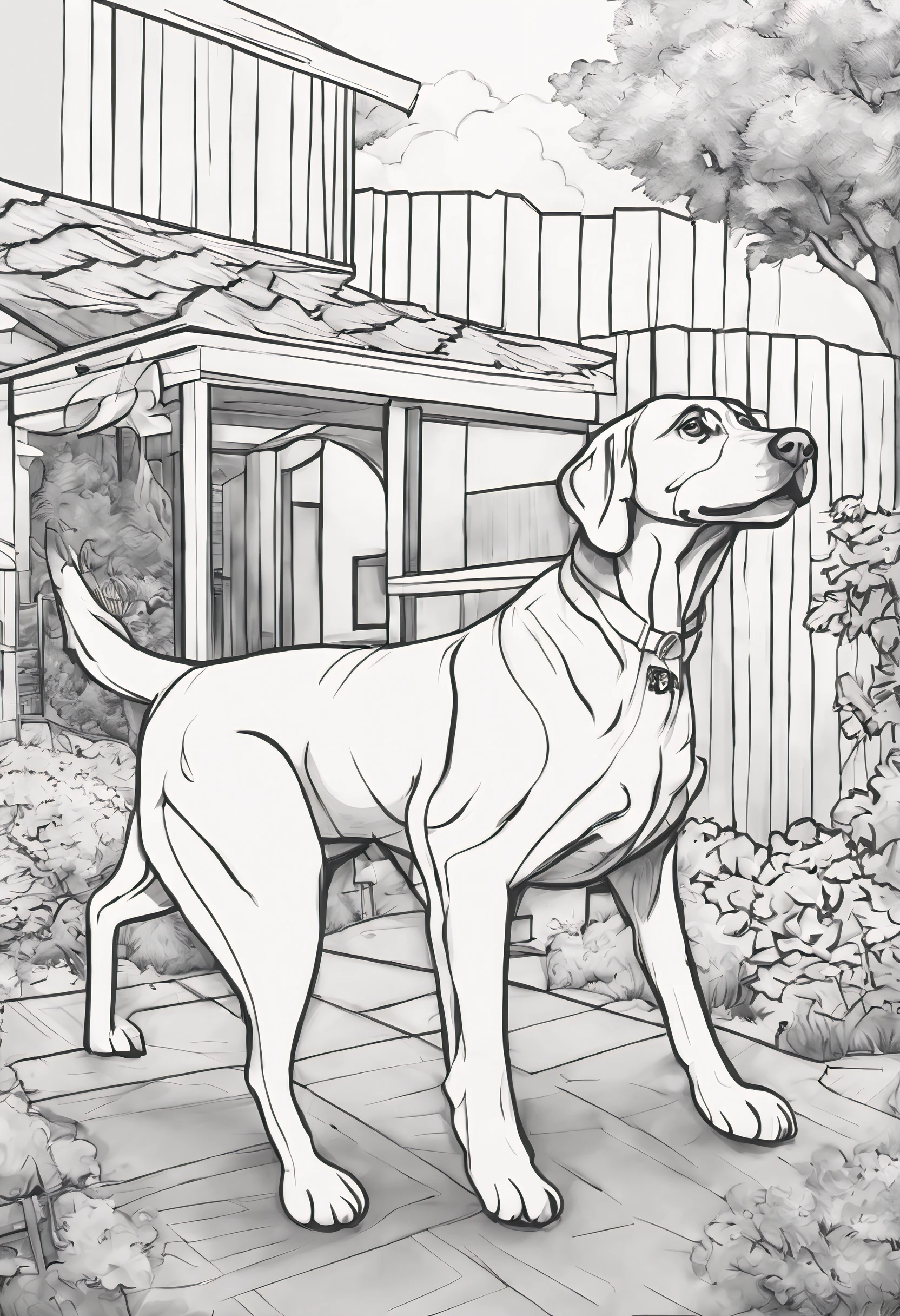 dog walking in a backyard 3D coloring book page , sharp thick lines, sketch art,