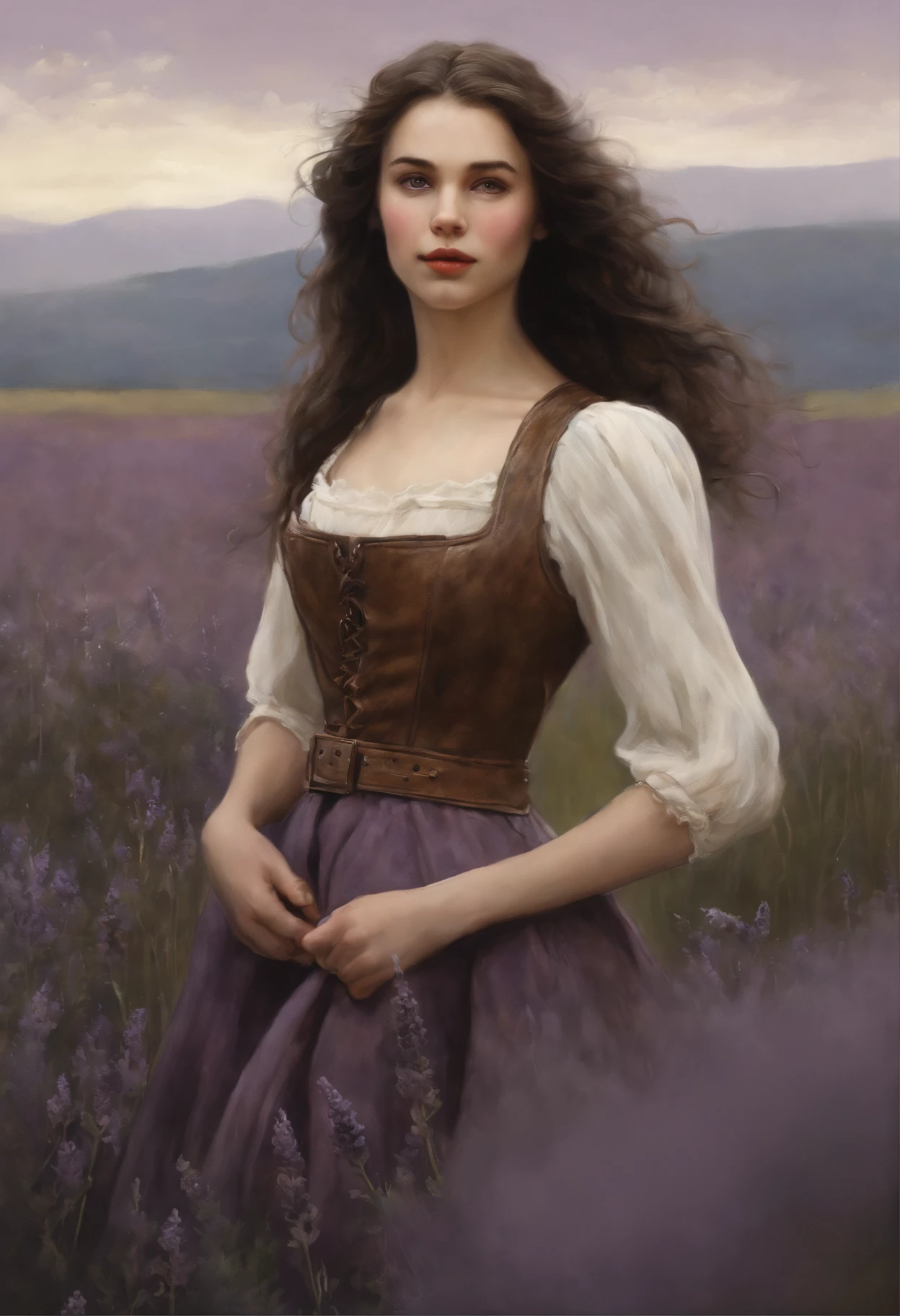 真实感, dark fantasy style, John Tolkien style, Small painting by Jean-Baptiste Monge, Soft facial features, Rocker Girl, stands in the center of a lavender field, Average height, plump dark pink lips, Engriberts eyebrows, brown eye, looking at away, straight dark hair to shoulder blades, hair blowing in wind, In a short dark leather fitted dress with a cutout.., mischievous character,early morning, lavender field Jean-Baptiste Monge, anthropomorphic --ar 2:3 --testp -optimistic;
