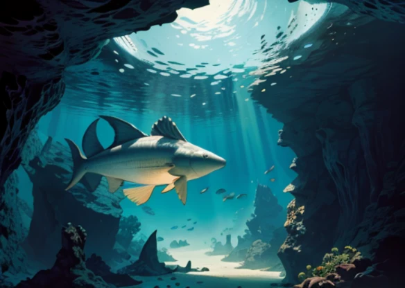Underwater scenery, wide angle view, ((silhouette)), deep blue mood, dark environment, very deep water, cave diving, (((view from sea bottom, miles far away from water surface))), looking upward, hazy back lighting)), flocks of fishes ๐๐๐๐๐๐๐๐, many rare sea creatures, Tardigrade, (Pantopoda), Giant Isopod, Chimaera, prehistoric sea creature, sea cliffs, epic acrylic painting
