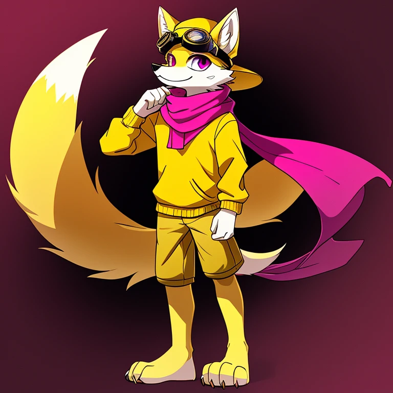 (A character), (Fox with yellow fur and white chest), (under the snout is white), (yellow fur), (tip of the tail white), (wears a magenta sweater), (light blue scarf), ( yellow cap with orange visor), (orange visot), (magenta eyes), (slender and fit body), (appears apparently thin but strong), (relaxed expression), (male), (medium height), (solitary), (solo), (white eyebrows), (yellow legs), (yellow hat), (golden fur), (golden yellow fur), (small dark yellow claws), (4 toes on his paws), (magenta eyes), fluffy, (fluffy fur), goggles, (black glass goggles)