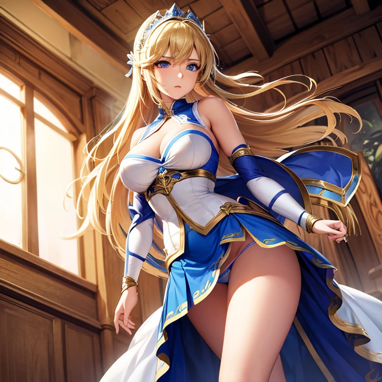 sophitia from soul calibur videogame series, swordfigther, round shield, long Blonde hair, ribbon at the end of her hair, metal shoulders, armor, armwrist, Blue ancient greek Upper cloth, cleavage, (white short platted skirt), panty slip, greek sandals