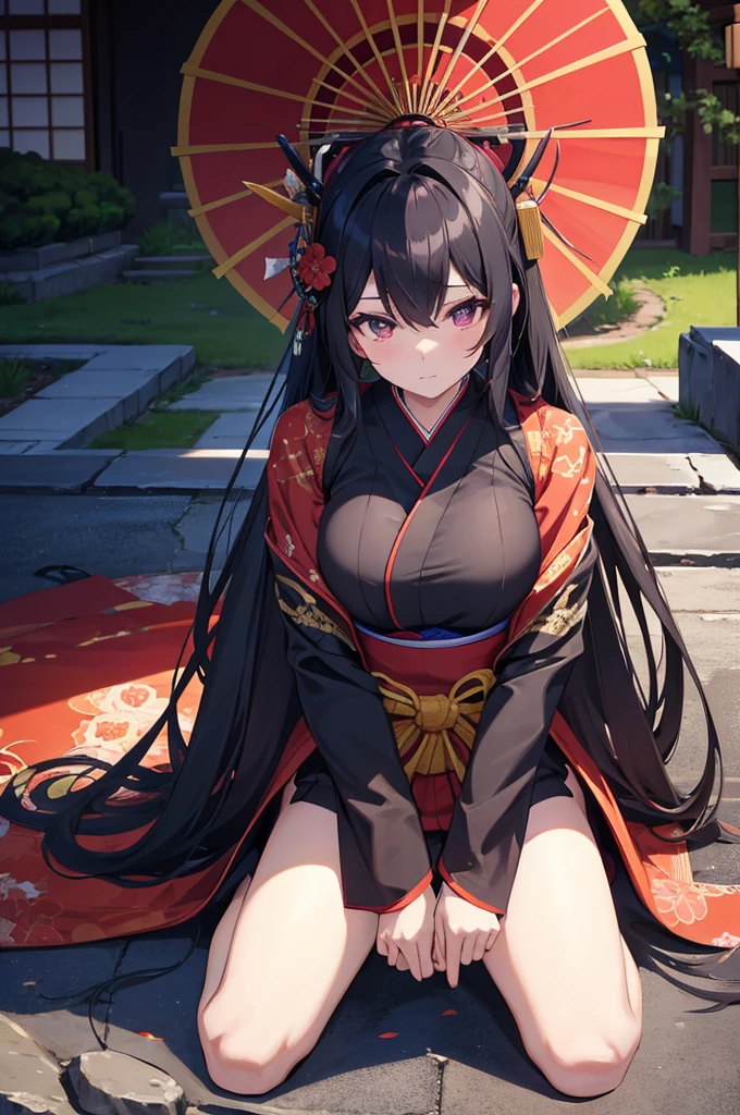 Anime style, beautiful girl , Oiran style hair
Ninja Suit in black, mesh, semi-transparent, cover face, sexually alluring.
extremely long katana, sexy pose.
Lot of bondages
Kneeling, submissive, obedient
Background is a Japanese style garden.