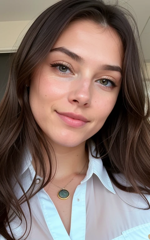 mignonne belle brune, porte une chemise ,corps entier, angle parfait, Very detailed, 25 ans, Visage coquin, messy long hair, yeux bleus, high resolucion, Masterpiece, Best quality,Intricate details, highly detailed,mise au point nette, detailed skin,realistic skin texture,texture, detailled eyes , professionnel, 4K, sourire, filmed on Canon, 85 mm,faible profondeur de champ,Couleur Kodak Vision, eyeshadow, Extremely detailed, photo_\(ultra\), photoreallistic, Realstic, Post-traitement, max detail, roughness, real life, ultra realist, photorealism, photographie, 8K UHD, photographie, Braless, Pokies