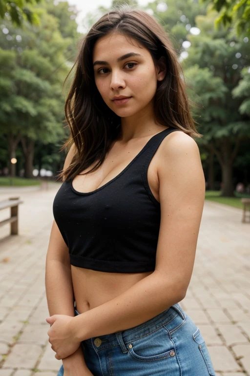 arafed woman, cute smile, smiling face, wearing a black leggings and sport top with cut out on chest , looking away, slim waist, fit sport body, sasha grey, portrait sophie mudd, 18 years old, stunning close-up headshot, madison beer girl portrait, violet myers, she looks like a mix of grimes, very pretty model, arian mark, 8k resolution, very detailed image, blue eyes, pony hairstyle, nikon, cinematic, in forest, early night, photo in Bryansk, Bryansk style