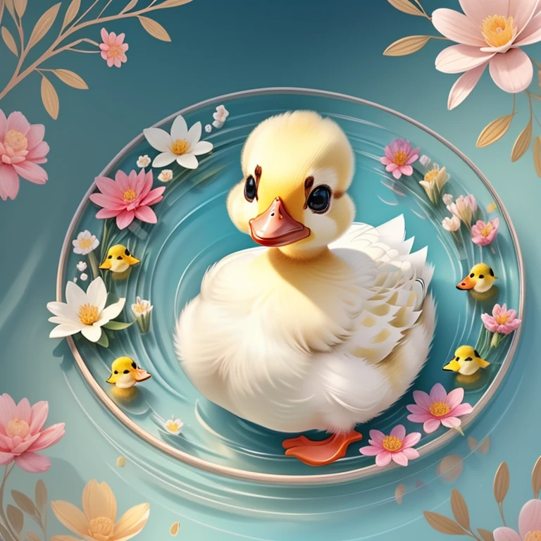 (cute baby duck smiling in a beautiful lake with flowers) Munchkin ,Geometric multidimensional wall portrait, livro de arte, Tchibi,
Yang08k, Beautiful, Colouring,
Obras, of the highest quality, best quality, Arte Oficial, Beautiful and Aesthetic,