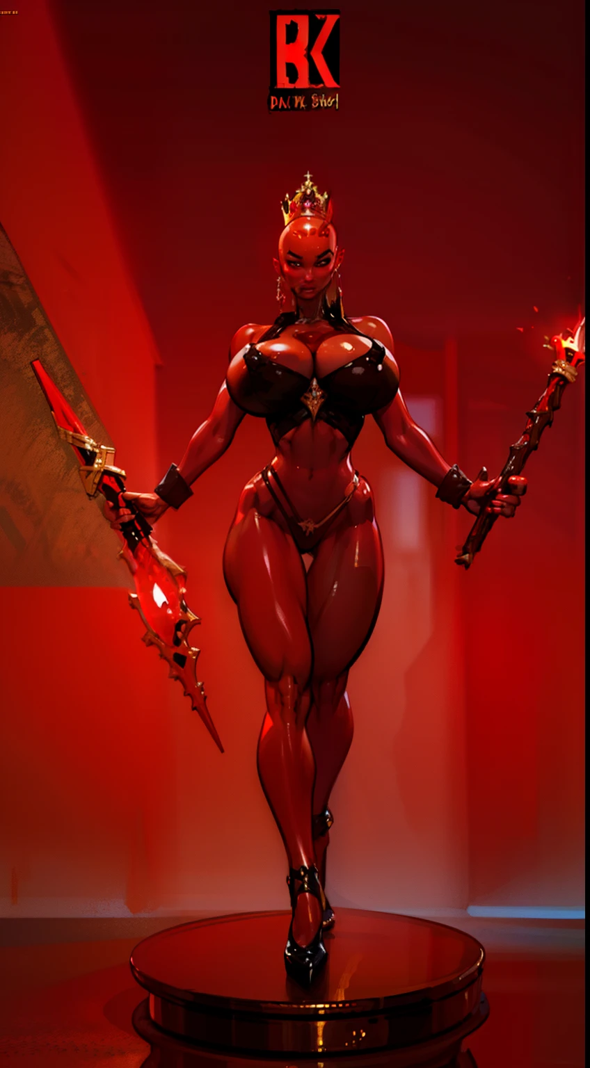 1girl, beautiful (((dark devil empress))), detailed eyes, (((detailed face))), mature face, athletic body, looking at viewers,full body, light smile,(gigantic breasts:1.4)detailed skin, colored skin(dark red skin:2.4), horns on head, (((bald:1.4))), mature body, tall body,seductive body,medium big breast, medium thigh,((no hair1.8)), spike pasties,detailed clothes BREAK desert and skull shoulders, holding only one long and thick dark scepter, highly saturating beams, holy ceremony, golden and red spark dazzling around, crown , golden majical lightning, best quality, masterpiece, trending on Art station,BREAK,Detailed,Realistic,4k highly detailed digital art,octane render, bioluminescent, cinematic lighting BREAK 8K resolution concept art, realism,by Mappa studios,masterpiece,best quality,official art,illustration,ligne claire,(cool_color),perfect composition,absurdres, fantasy,focuse, red and gold color paletands on cracked pedestal)))