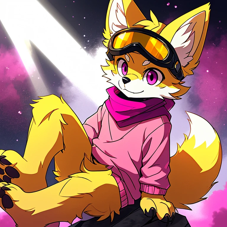 (A character), (Fox with yellow fur and white chest), (under the snout is white), (yellow fur), (tip of the tail white), (wears a magenta sweater), (light blue scarf), ( yellow cap with orange visor), (orange visot), (magenta eyes), (slender and fit body), (appears apparently thin but strong), (relaxed expression), (male), (medium height), (solitary), (solo), (white eyebrows), (yellow legs), (yellow hat), (golden fur), (golden yellow fur), (small dark yellow claws), (4 toes on his paws), (magenta eyes), fluffy, (fluffy fur), goggles, (black glass goggles)