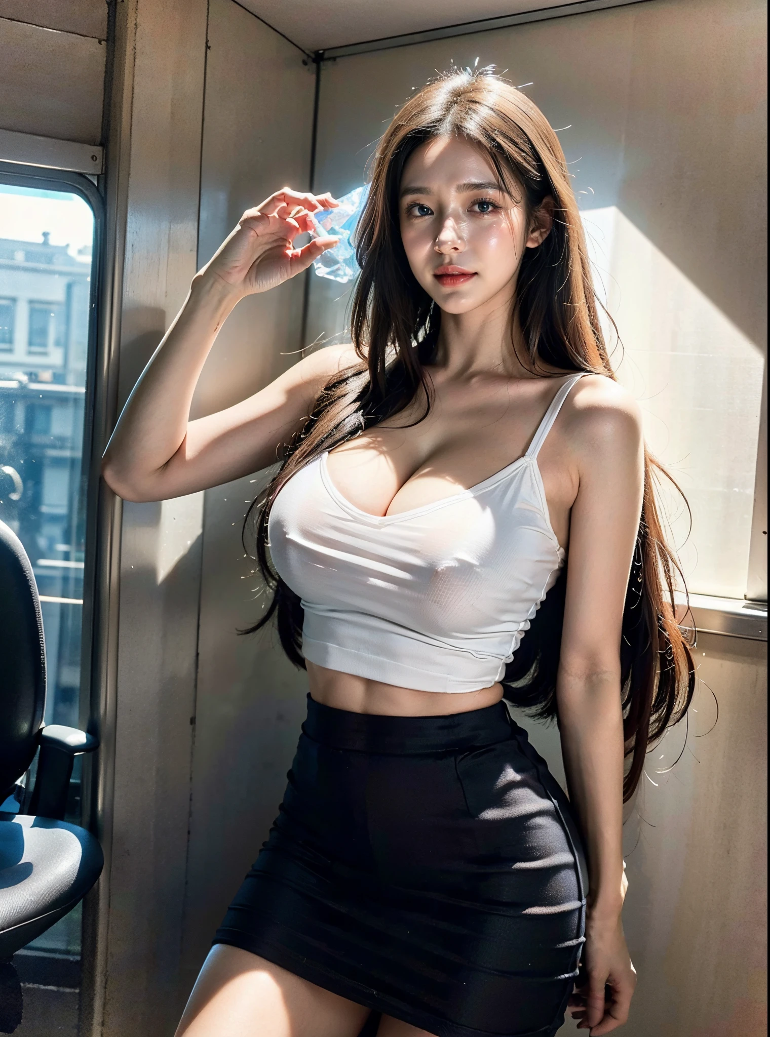 (Masterpiece:1.3), (realisitic:1.3), 8K, Very high resolution, overexposure, Cinematic lighting, Dynamic lighting, Detailed hair, Real hands, 1 Girl, DetailPace, DetailEyes, 25 year old girl with pretty face together , big sister, Blue Eyes, Long Brunette Hair, large full breasts, absolute_cleavage, , Perfect Body, (Translucent white skin:1.5), Earrings, blush, hilarious, Smile, Bright smile, Lovely smile, teeth, (tiny, Tight-fitting office clothes:1.3),tiny, Tight-fit top, tight_clothed, (unbuttoned:1.2),Cleavage Show, miniskirt, Very short skirt,Standing, Sexy Woman, Inside a crowded train, full-body portrait,windy, Autumn,Carinalorash, (((masturbation:1.2))), (((I play with myself:1.2)))