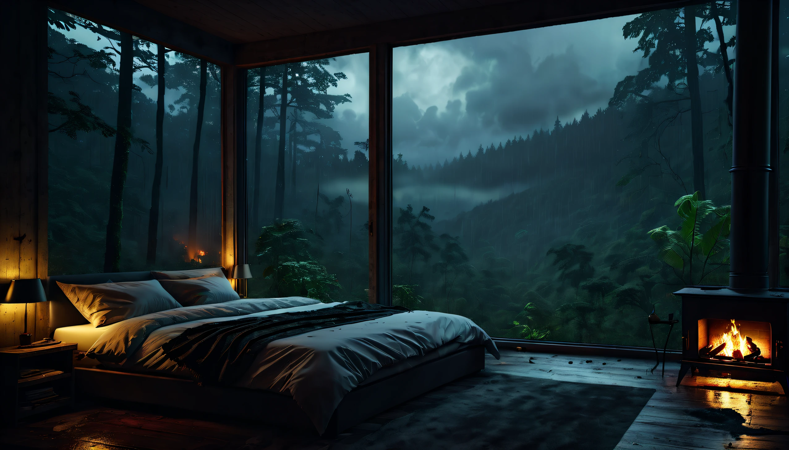 Bedroom view with fire in the fireplace in the room, large windows overlooking the forest, quiet night. original image, rainy day. original rendering, rainy night, gloomy cinematic lighting, atmosphere. digital painting, moody cartoon scenes, dramatic lighting. cinematic, cinematic,concept art, atmospheric shots, gloomy weather. hyperrealistic, atmospheric rendering, rainy night, huge forest, cinematic, 4k, ultra hd,atmospheric and gritty details, beautiful and cinematic lighting, rainforest