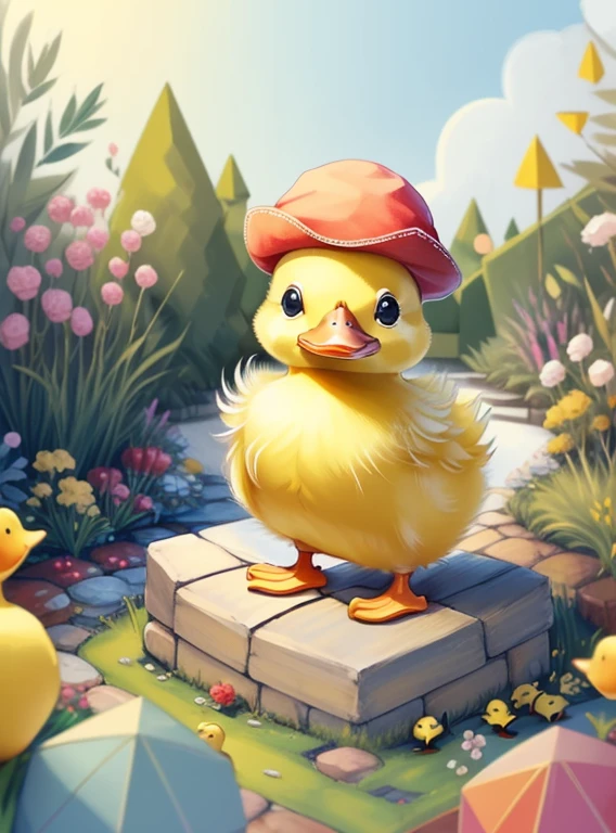 (cute duckling smiling yellow fluff with a red hat in a beautiful garden) Munchkin ,Geometric multidimensional wall portrait, livro de arte, Tchibi,
Yang08k, Beautiful, Colouring,
Obras, of the highest quality, best quality, Arte Oficial, Beautiful and Aesthetic,
