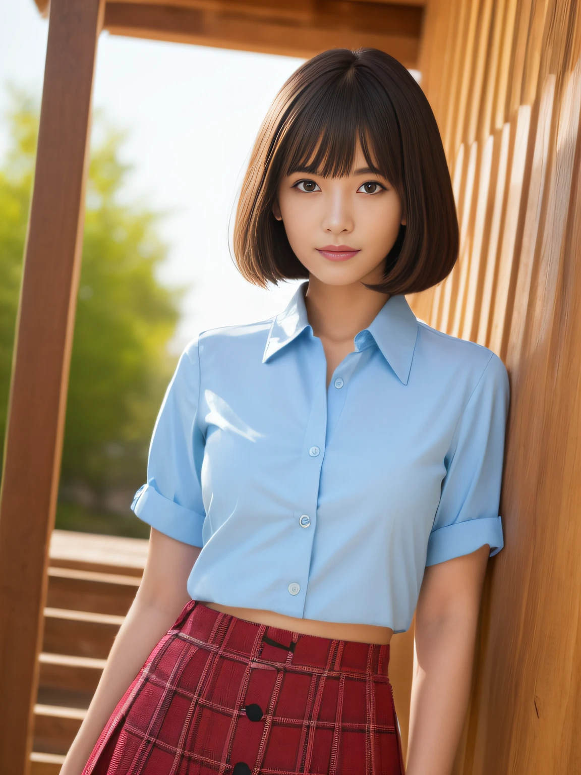 ((top-quality、8K、masterpiece:1.3))、Japan Beauty:1.2、Perfect Body Beauty:1.4、Slim abs:1.2、((hair messy、oblique bangs)、(Long Button Shirt:1.1)、tight skirts、age19、Highly detailed facial and skin texture、A detailed eye、二重まぶた、Aspect of looking at the camera