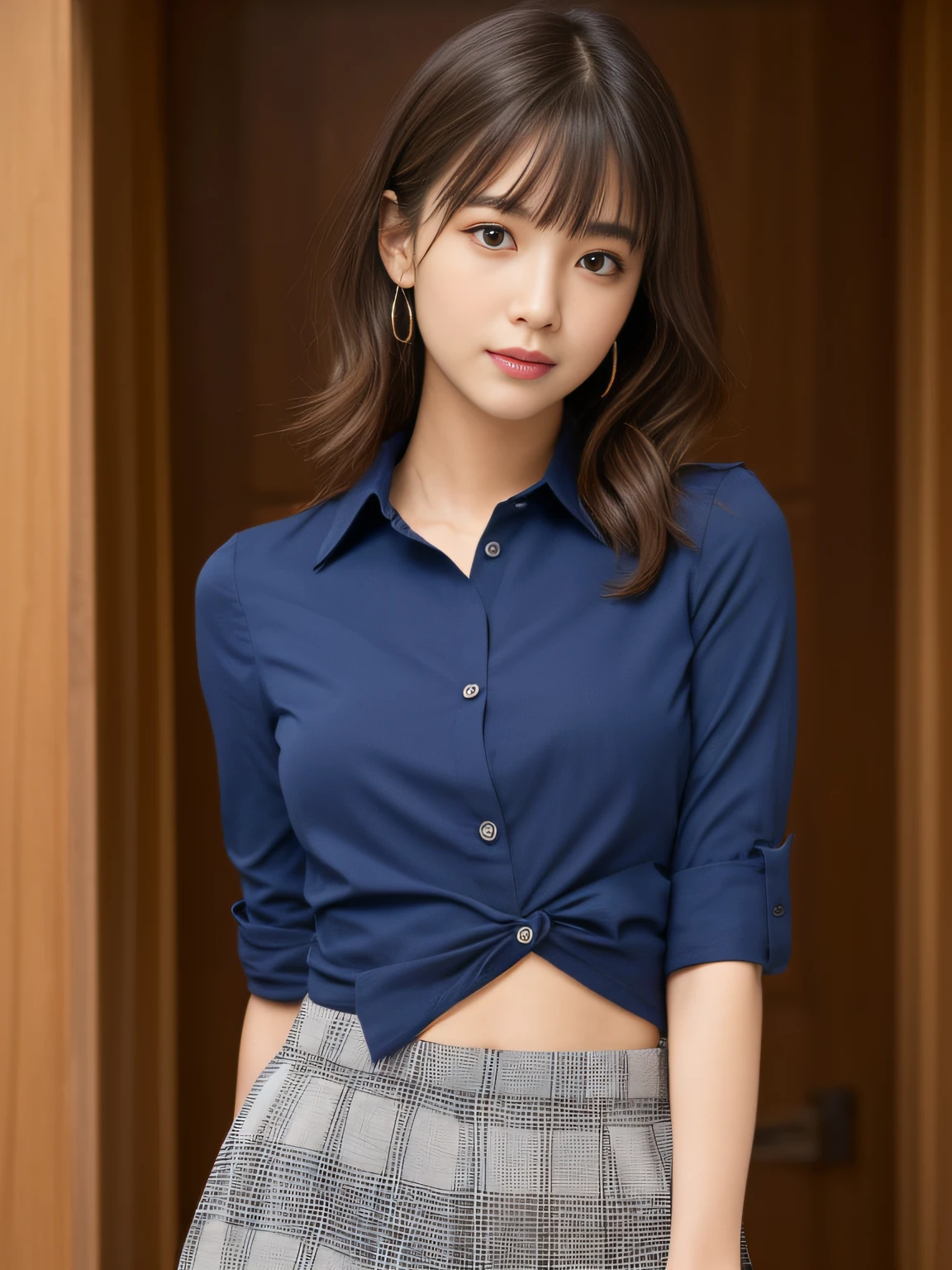 ((top-quality、8K、masterpiece:1.3))、Japan Beauty:1.2、Perfect Body Beauty:1.4、Slim abs:1.2、((hair messy、oblique bangs)、(Long Button Shirt:1.1)、tight skirts、age19、Highly detailed facial and skin texture、A detailed eye、二重まぶた、Aspect of looking at the camera