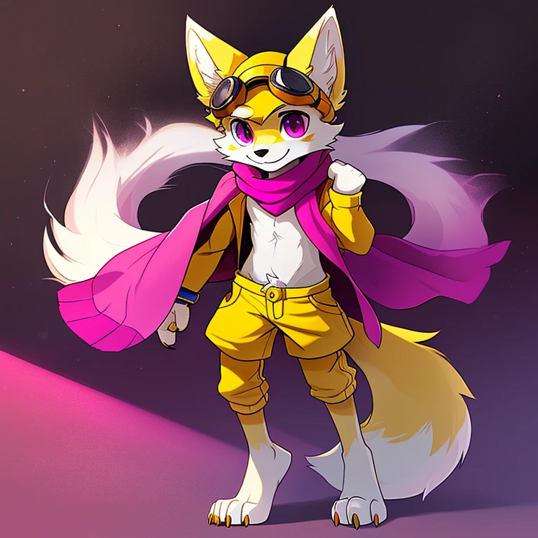 (A character), (Fox with yellow fur and white chest), (under the snout is white), (yellow fur), (tip of the tail white), (wears a magenta sweater), (light blue scarf), ( yellow cap with orange visor), (orange visot), (magenta eyes), (slender and fit body), (appears apparently thin but strong), (relaxed expression), (male), (medium height), (solitary), (solo), (white eyebrows), (yellow legs), (yellow hat), (golden fur), (golden yellow fur), (small dark yellow claws), (4 toes on his paws), (magenta eyes), fluffy, (fluffy fur), goggles, (black glass goggles)