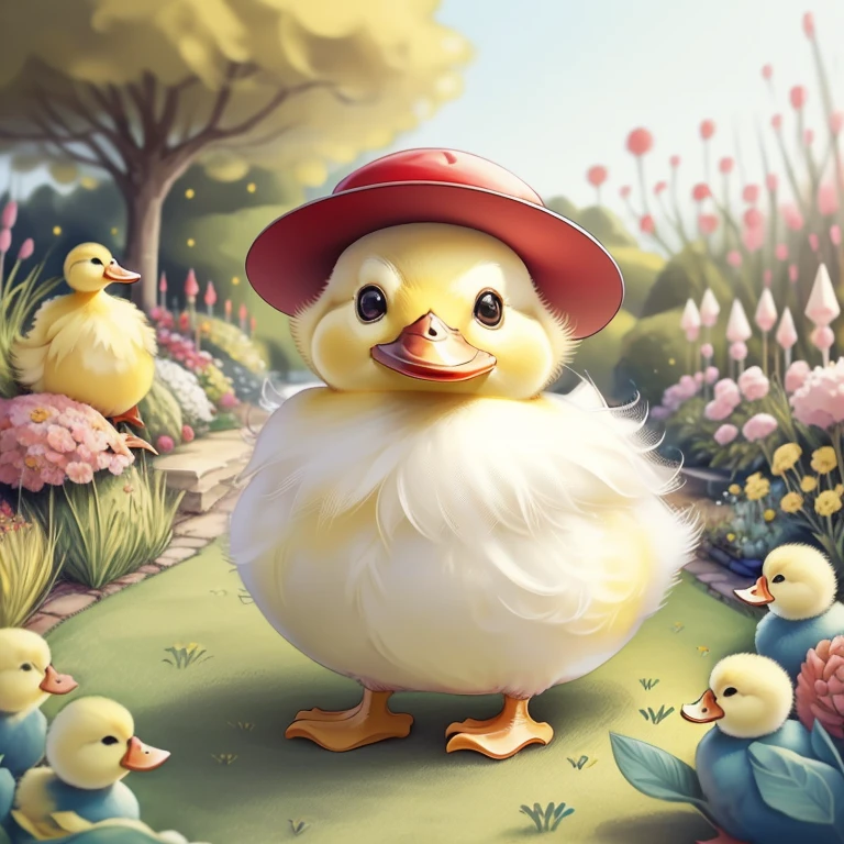 (cute duckling smiling yellow fluff with a red hat in a beautiful garden) Munchkin ,Geometric multidimensional wall portrait, livro de arte, Tchibi,
Yang08k, Beautiful, Colouring,
Obras, of the highest quality, best quality, Arte Oficial, Beautiful and Aesthetic,