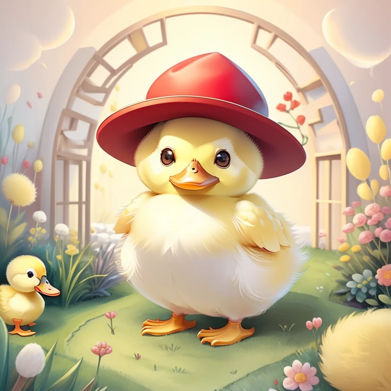 (cute duckling smiling yellow fluff with a red hat in a beautiful garden) Munchkin ,Geometric multidimensional wall portrait, livro de arte, Tchibi,
Yang08k, Beautiful, Colouring,
Obras, of the highest quality, best quality, Arte Oficial, Beautiful and Aesthetic,