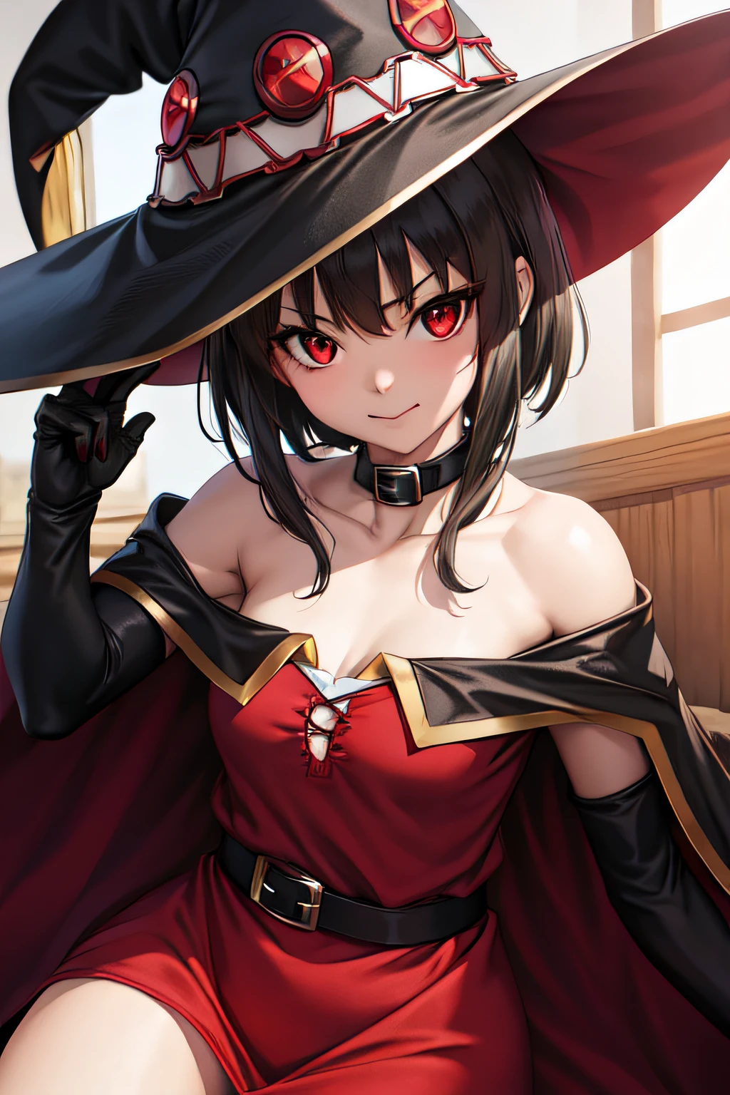 ArtGerm, masutepiece, Best Quality, Extremely detailed, masutepiece, Best Quality, Megumin, 1girl in, Bare shoulders, Black Cape, Black Gloves, Black hair, Cape, Choker, 鎖骨, Dress, hair between eye, hat, Long sleeves, Looking at Viewer, Medium Hair, Off shoulder dress, off shoulders, Red dress, Red Eyes, side locks, Solo, Witch Hat, Indoors