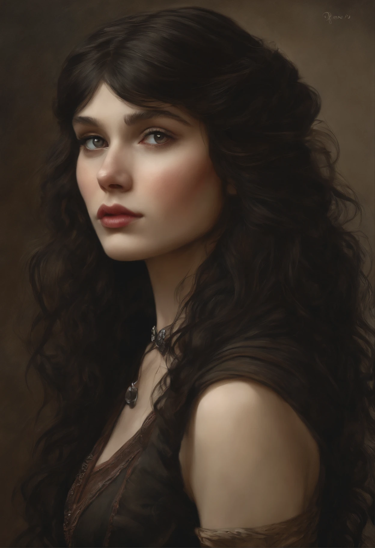 真实感, dark fantasy style, John Tolkien style, Small painting by Jean-Baptiste Monge, Soft facial features,Rocker Girl, Human Hand, Very clear, Without flaws, five fingers, with bright makeup, a little full, fat, slight excess weight, Average height, dark pink lips, lip shape"bow" ,"Cool eyebrows in the shape of Angryburts, light gray eyes, almond-shaped eyes, looking at away, black long wavy hair, large strands of hair fluttering in the wind ,In a short red silk fitted dress with a cutout..., Standing next to a motorcycle, early morning, The city, megalopolis, Jean-Baptiste Monge, anthropomorphic --ar 2:3 --testp -optimistic;