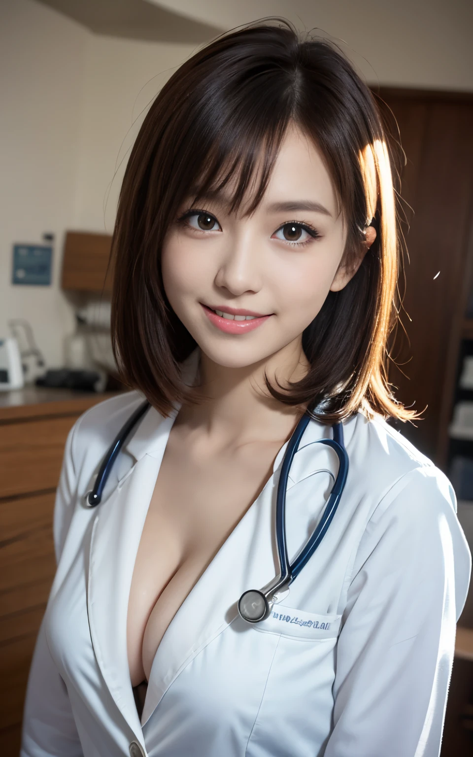 masutepiece, Best Quality, Illustration, Ultra-detailed, finely detail, hight resolution, 8K Wallpaper, Perfect dynamic composition, Beautiful detailed eyes, Doctor's attire,Bob Hair, mid-chest, Natural Color Lip, Random and sexy poses,Smile,20 years girl、Huge titanization room、stethoscope