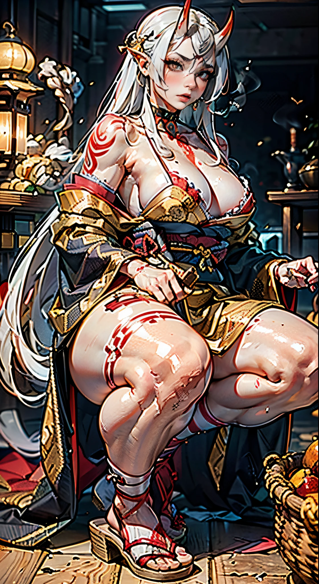 Masterpiece, highlydetailed, Hyperrealistic, HD, (fullbodyshot)of a beautiful red oni woman (squatting down), (muscular curvy and thick:1.3) (female warrior body) with (red skin:1.4), (long messy white hair:1.2), (oni horns), (wearing offshoulders kimono:1.1) with (black AND orange pattern kimono:1.5) and (Japanese hightheels) Holding over her shoulder a (massive iron spiked rod), and smoking a longue and thin smoking pipe in her lips releasing thick smoke, perfect face features with seductive look, perfect body shape with body tattoo, expressive glowing eyes.