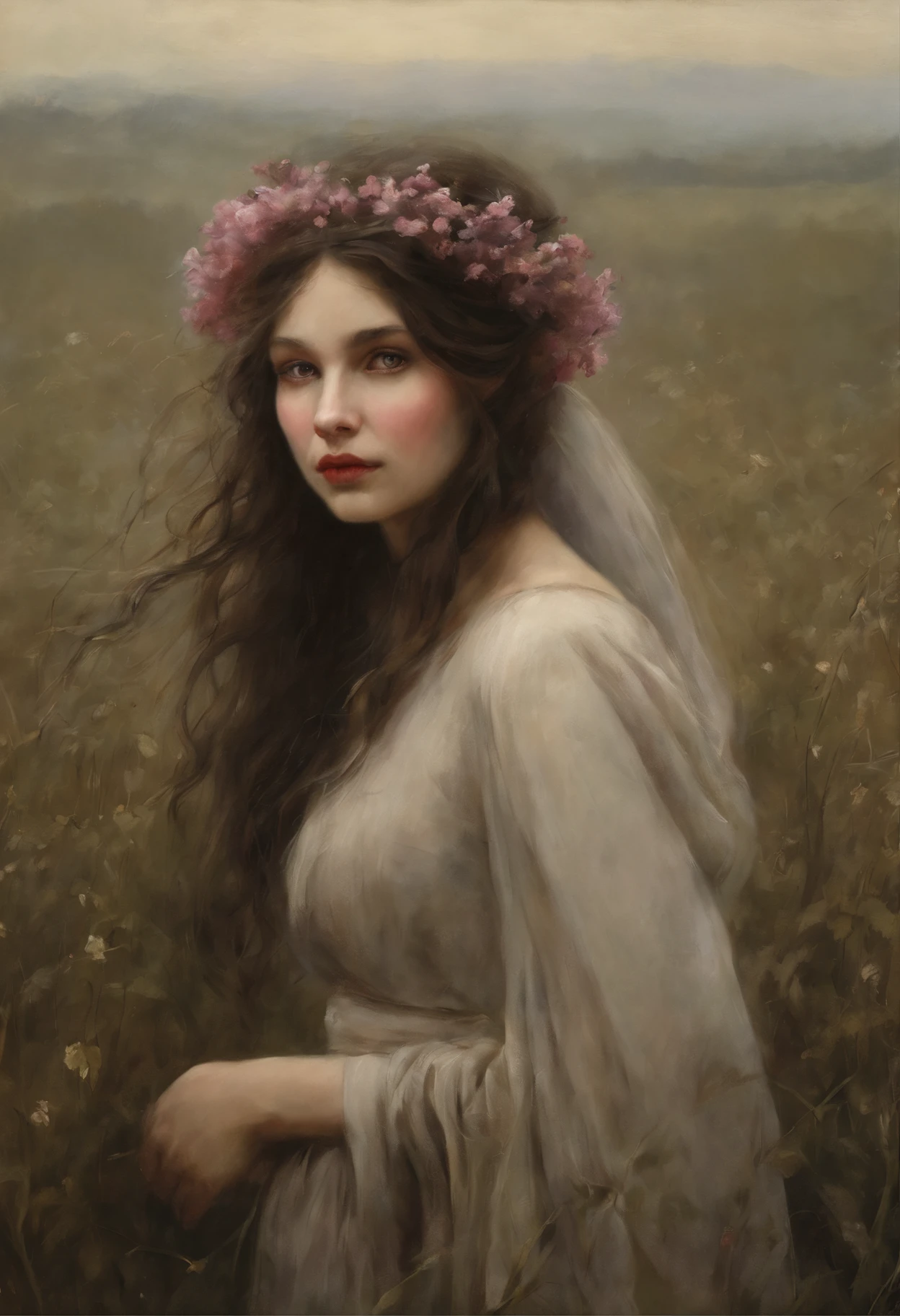 真实感, a painting, dark fantasy style, John Tolkien style, Small painting by Jean-Baptiste Monge, Soft facial features, Rocker Girl, Human Hand, Very clear, Without flaws, five fingers, with bright makeup, a little full, fat, slight excess weight, Average height, dark pink lips, lip shape"bow" ,"Cool eyebrows in the shape of Angryburts, light gray eyes, almond-shaped eyes, looking at away, black long wavy hair, large strands of hair fluttering in the wind ,In a short red silk fitted dress with a cutout...,mischievous character,early morning, lavender field Jean-Baptiste Monge, anthropomorphic --ar 2:3 --testp -optimistic;