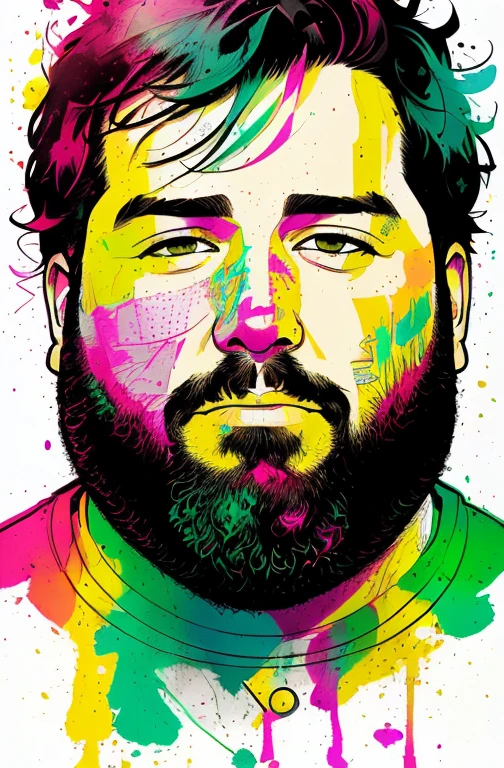 Fat Chubby Bearded Face, centrada, visual chave, intrincado, altamente detalhado, lineart preciso, vibrante, Comprehensive cinematic, Carne Griffiths, Conrad Roset, (o retrato mais bonito do mundo:1.5) popart background scene