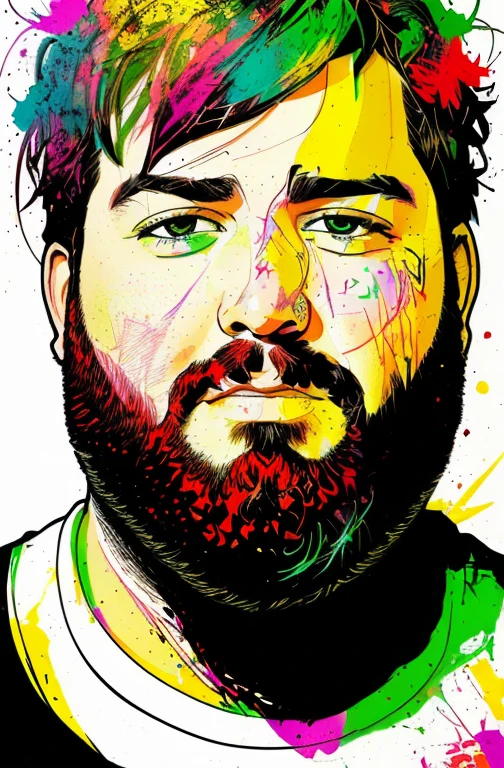 Fat Chubby Bearded Face, centrada, visual chave, intrincado, altamente detalhado, lineart preciso, vibrante, Comprehensive cinematic, Carne Griffiths, Conrad Roset, (o retrato mais bonito do mundo:1.5) popart background scene