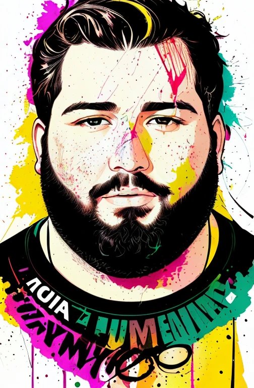 Fat Chubby Bearded Face, centrada, visual chave, intrincado, altamente detalhado, lineart preciso, vibrante, Comprehensive cinematic, Carne Griffiths, Conrad Roset, (o retrato mais bonito do mundo:1.5) popart background scene