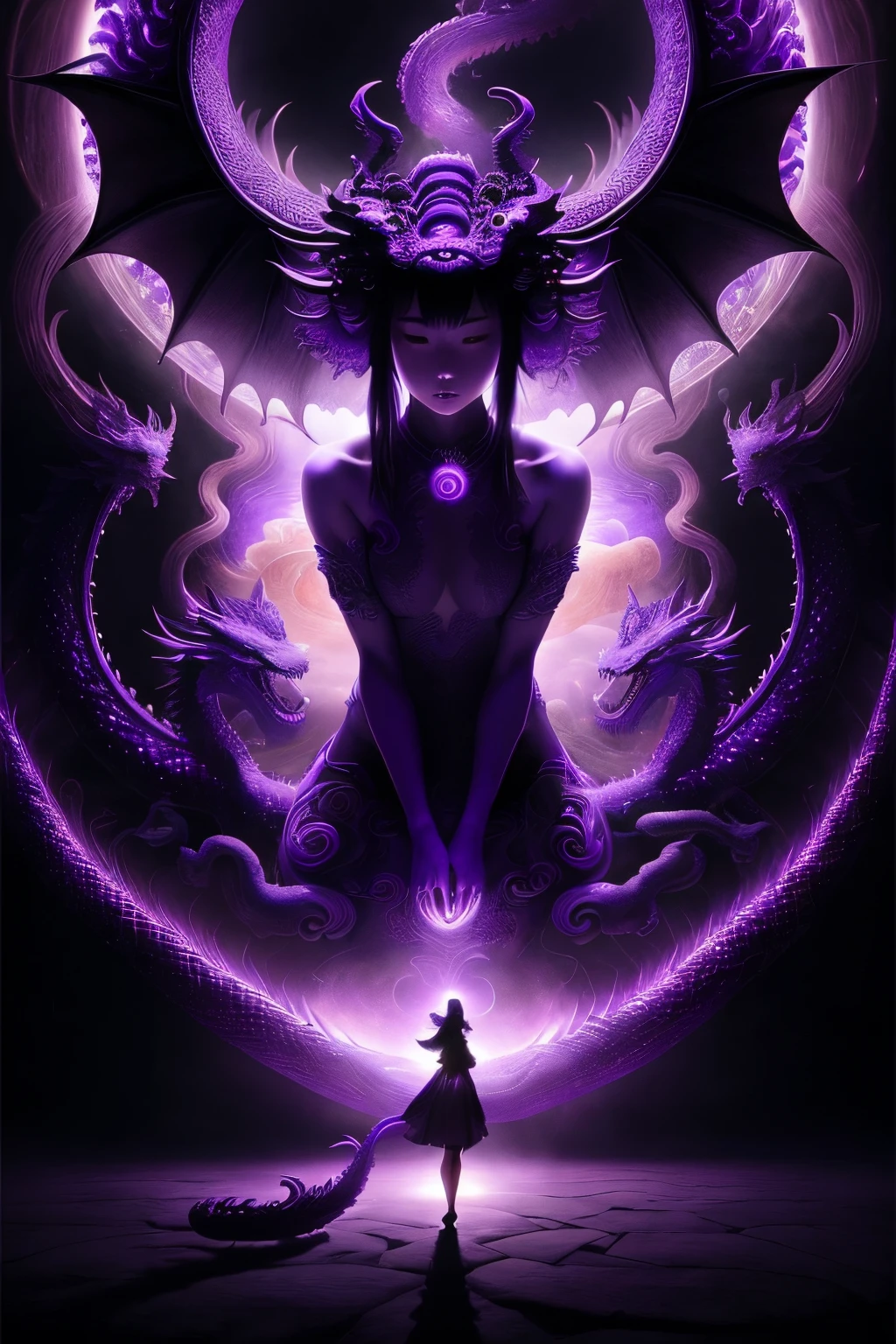 This job must be a very long one、Unbeatable masterpiece,depicts a mysterious Japanese girl,Mystical purple Chinese dragon image,Inside her body a non-humanoid entity that radiates brilliant purple energy..,The girl wanted to show this part of the surreal scene to the camera。The shadows depicted should have an extraordinary sense of realism,