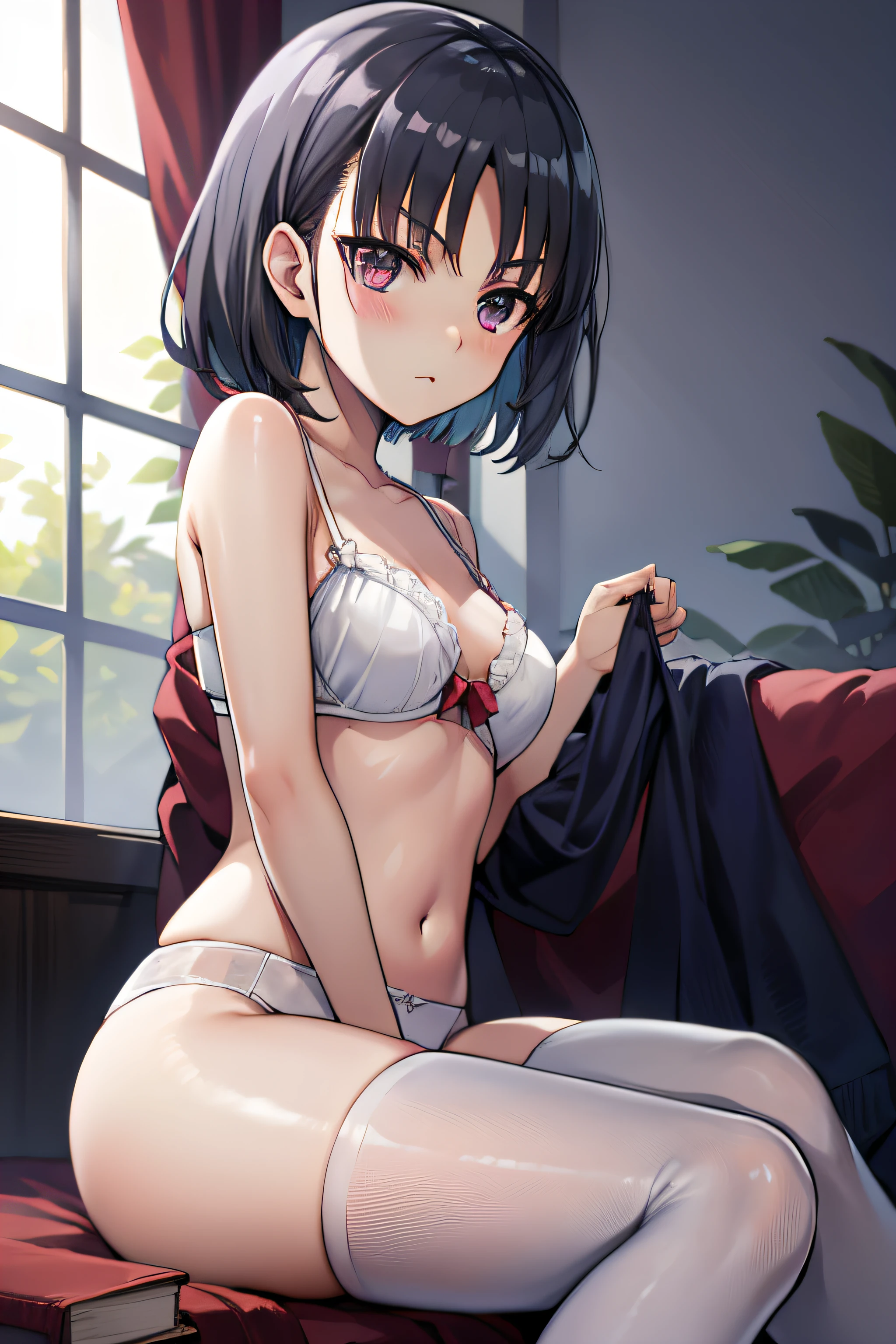 suzunehorikita, suzune horikita, black hair, braid, short hair, (purple eyes:1.1), in a white lingerie, best quality, high resolution, unity 8k wallpaper