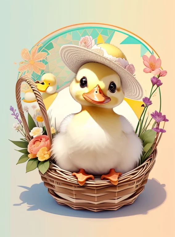 (cute duckling smiling with a flower hat in a beautiful basket) Munchkin ,Geometric multidimensional wall portrait, livro de arte, Tchibi,
Yang08k, Beautiful, Colouring,
Obras, of the highest quality, best quality, Arte Oficial, Beautiful and Aesthetic,