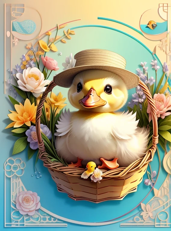 (cute duckling smiling with a flower hat in a beautiful basket) Munchkin ,Geometric multidimensional wall portrait, livro de arte, Tchibi,
Yang08k, Beautiful, Colouring,
Obras, of the highest quality, best quality, Arte Oficial, Beautiful and Aesthetic,