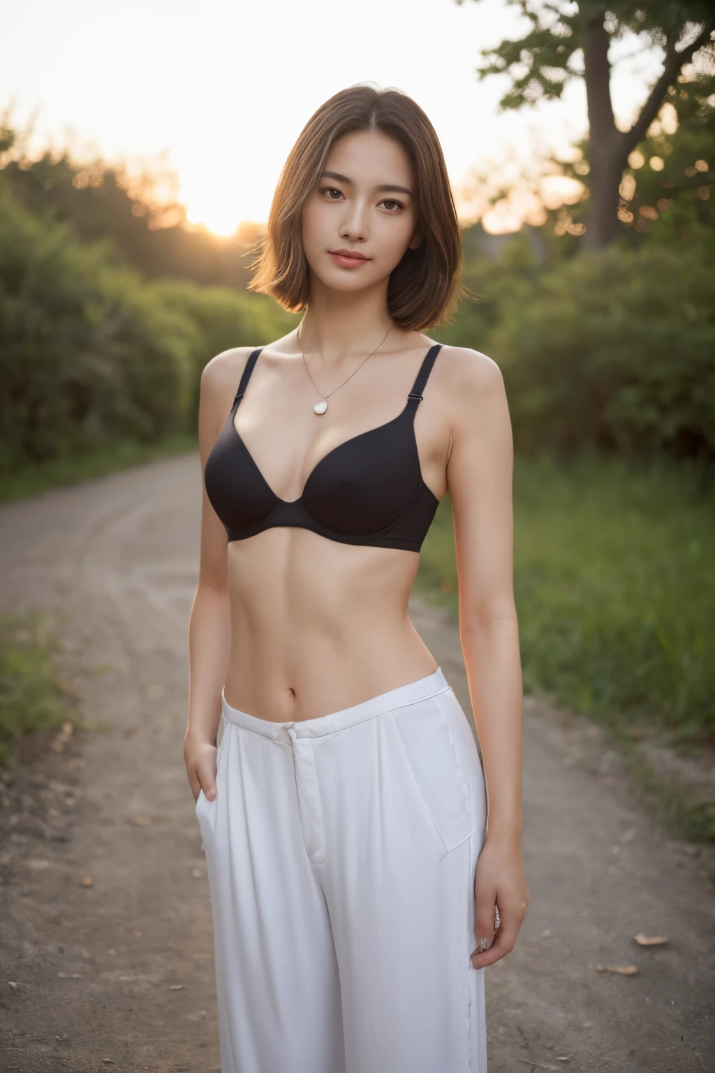 ((top-quality、8K、masterpiece: 1.erfect Body Beauty: 1.4、Slender Abs: 1.2、Beautiful woman with slender abs:1.3、(Breast A Cup:1.2), small breast, round shape breast, perfect shape breast, ((( black sport bra, low rise, white trouser))), pubic hair,hight pubic bone, looking at viewer,pov,looking down, smile,in cafe, full body, all fours, necklace, hyperdetailed face、18year old、 Pretty women、(Dark brown hair), Slim Face、Highly detailed facial and skin texture、very detailed lips、opens legs、top-quality、masterpiece、超A high resolution、(Photorealsitic:1.4), walked forward confidently, crossing her arms, long shot (full body) , (outdoor), bright background, sunset light
