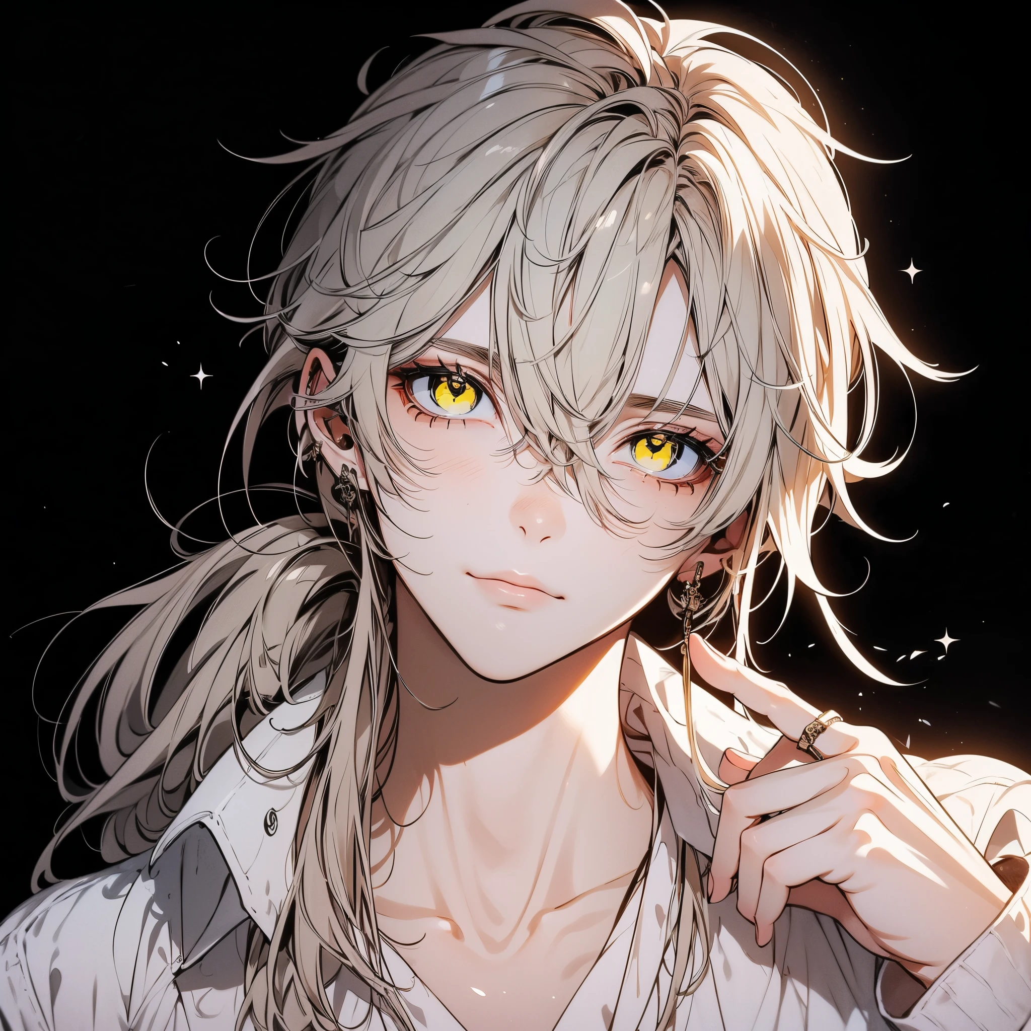 Beautiful young man with three white eyes, White hair, (((Eyes are yellow))), length hair, Tied hair, white clothes, cut out the eyes,Front view, Black background, Shoulder level,High quality, amount of drawing, pixiv illustration