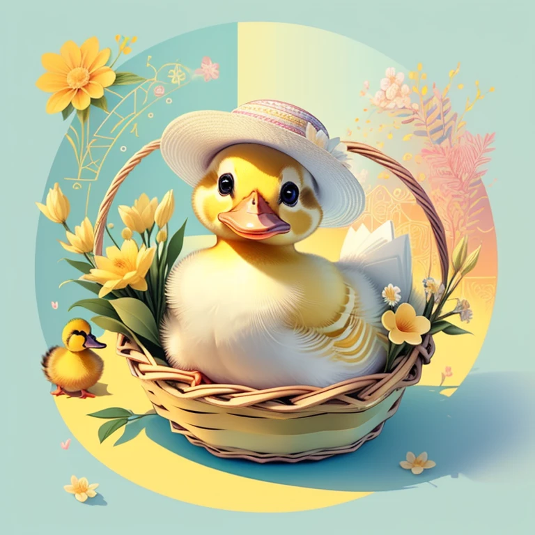 (cute duckling smiling with a flower hat in a beautiful basket) Munchkin ,Geometric multidimensional wall portrait, livro de arte, Tchibi,
Yang08k, Beautiful, Colouring,
Obras, of the highest quality, best quality, Arte Oficial, Beautiful and Aesthetic,