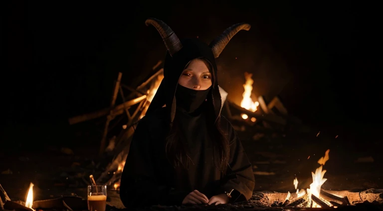 (best quality, ultra-detailed, realistic) ritual, person in long black clothes, with their face completely covered, goat horns on their head, around a bonfire at dark night