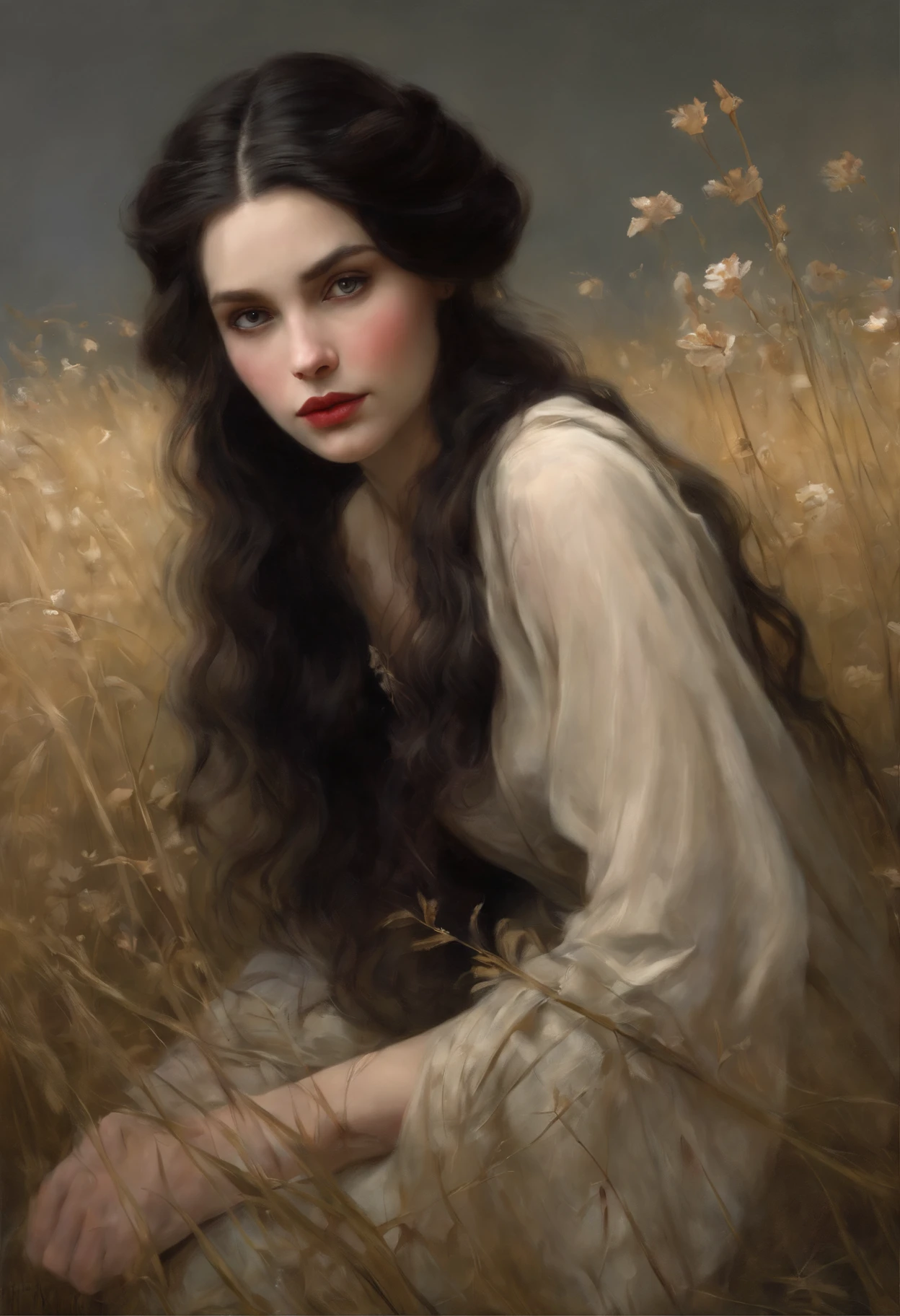真实感, a painting, dark fantasy style, John Tolkien style, Small painting by Jean-Baptiste Monge, Soft facial features, Rocker Girl, Human Hand, Very clear, Without flaws, five fingers, with bright makeup, a little full, fat, slight excess weight, Average height, dark pink lips, lip shape"bow" ,"Cool eyebrows in the shape of Angryburts, light gray eyes, almond-shaped eyes, looking at away, black long wavy hair, large strands of hair fluttering in the wind ,In a short red silk fitted dress with a cutout....,mischievous character, mmm, early morning, lavender field Jean-Baptiste Monge, anthropomorphic --ar 2:3 --testp -optimistic;