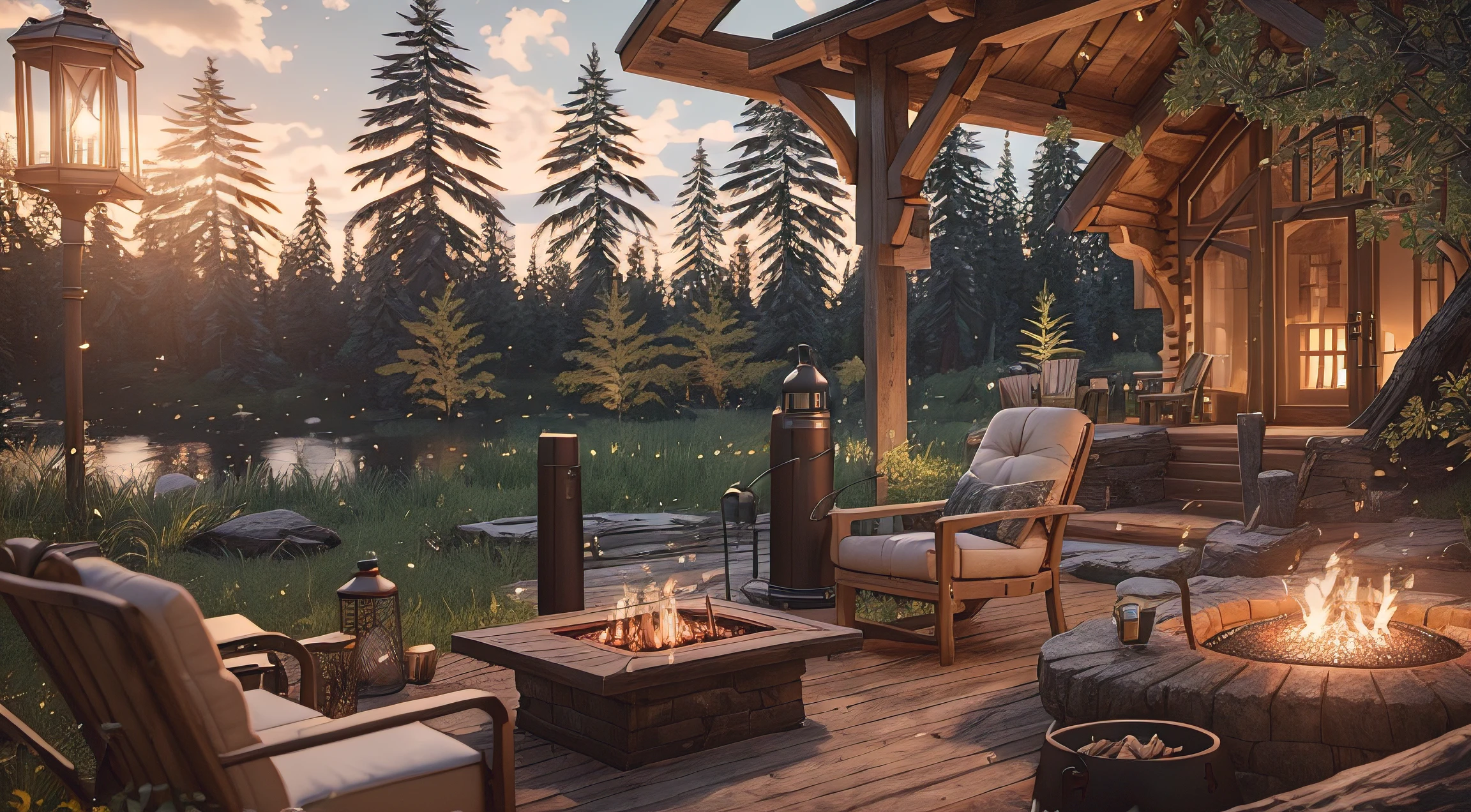 there is a wooden gazebo with a table and chairs, Luxury wooden cottage, unreal 5 engine highlly render, highly detailed scene, Детализированный рендер Unreal Engine 5, Campfire background, unreal engine 5 rendered, Extremely detailed scene, Рендер качества Unreal Engine 5, Outdoor fire pit, Scutch, cozy environment, Relaxing concept art, Very detailed rendering, highly detailed render
