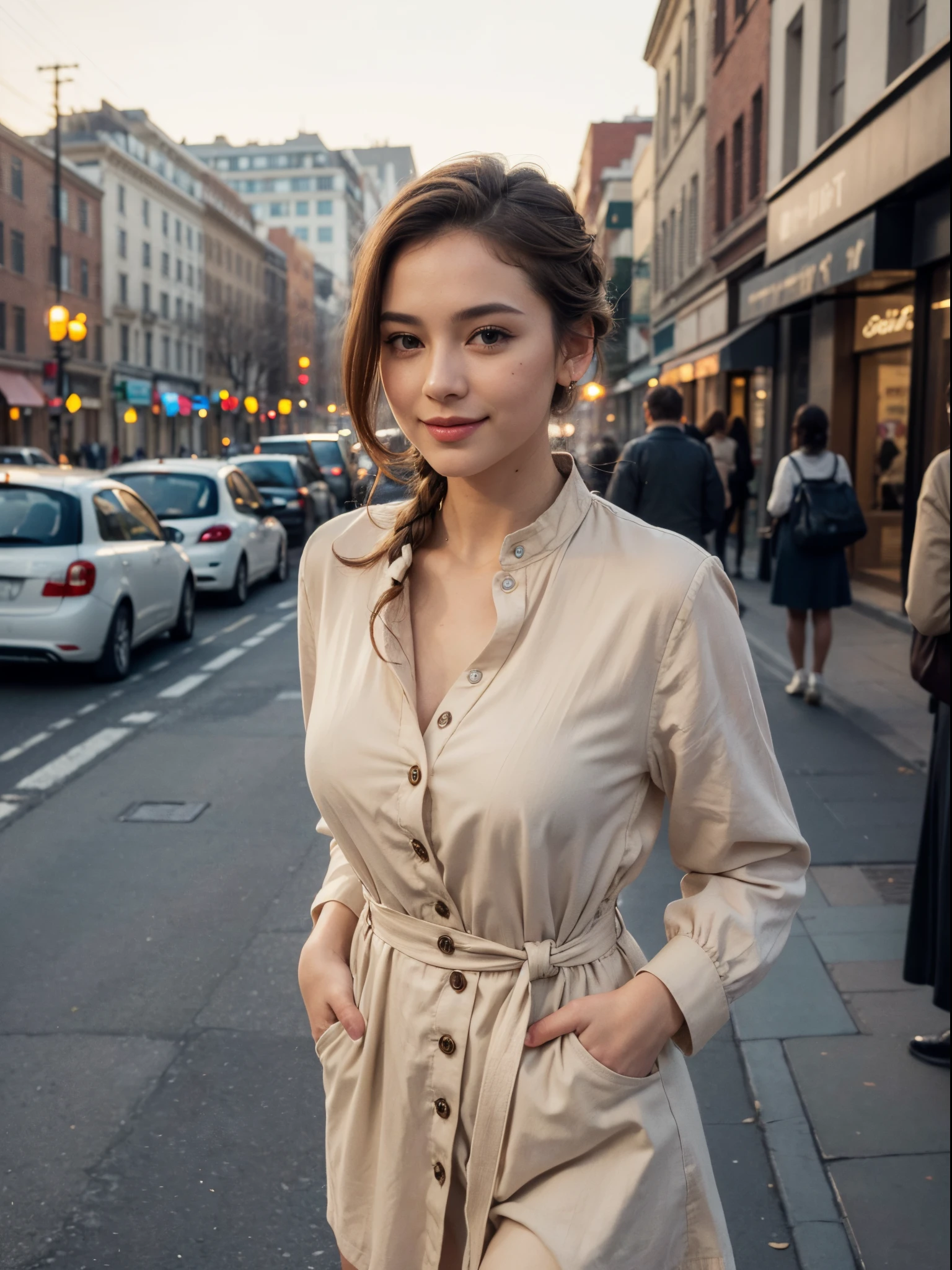 (best quality,4k,8k,highres,masterpiece:1.2),(ultra-detailed,realistic,photorealistic:1.37), (half body), beautiful detailed eyes, beautiful detailed lips, extremely detailed face, long eyelashes, intimate view, classic oil painting, soft lighting, vibrant colors, warm tones, atmosphere), (half body portrait), (timid expression), (smile), (flawless skin texture), (french braid hairstyle), (random hair colour), (beige open collar button down waist mini dress), (walking on the sidewalk in the city), (sunset), {{{POV}}}