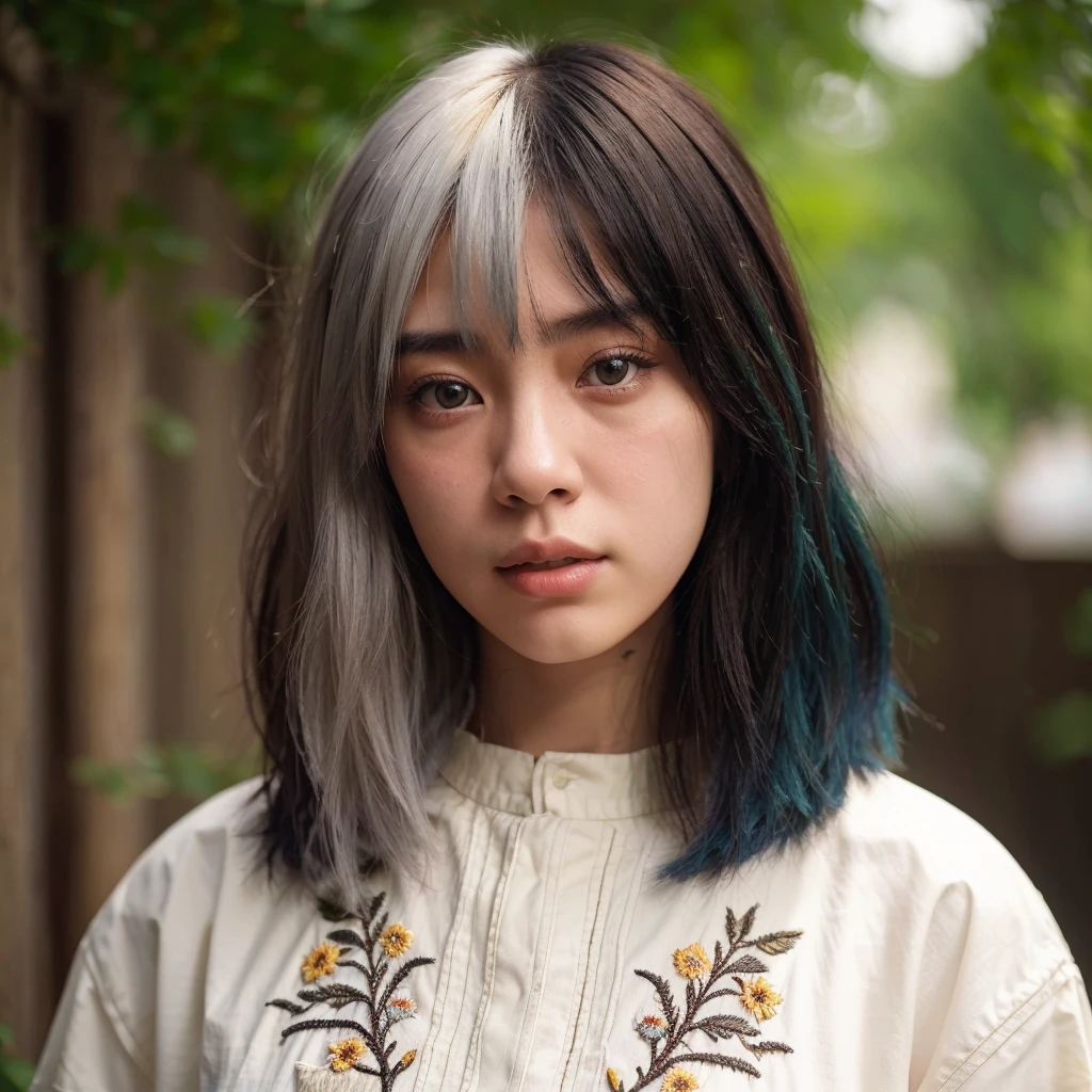 A photorealistic portrait of a 20-year-old asian girl with fringe wolf cut hair two-tone color like a billie eilish. wearing shirt white embroidery, She should natural expression. The background should be a garden tree. Capture this image with a high-resolution photograph using an 85mm lens for a flattering perspective.
