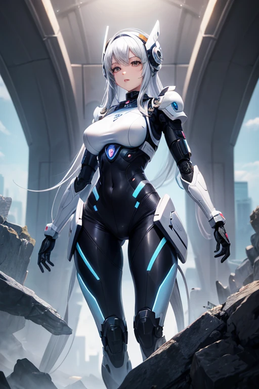 fullbody, girl, white bluish hair, technological robotic armor, big breasts, orange details, with a futuristic robotic helmet that covers her entire head