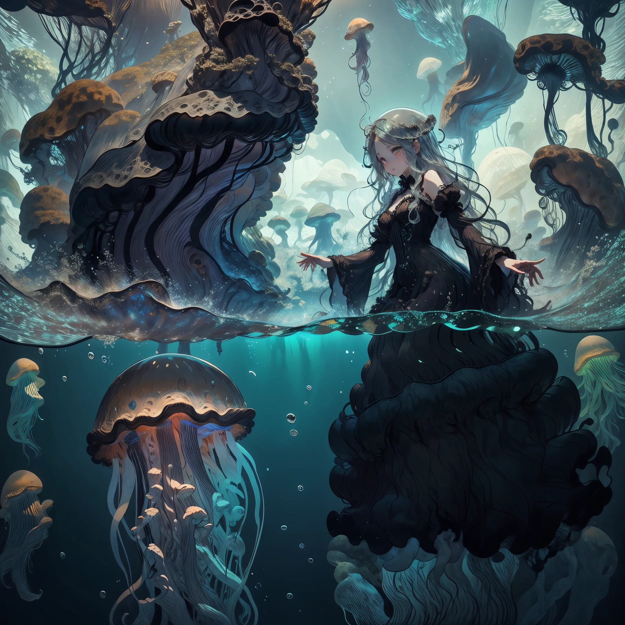 giant jellyfish girl. like her black dress. the other side of the water. Beckoning. Composition looking down